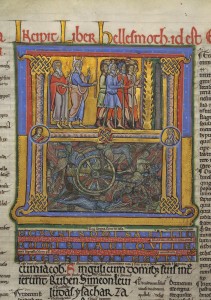 Traversée de la Mer rouge (détail + page entière), lettrine du livre de l’Exode, dans Pentateuque,  Angleterre, Channel style, 1200, 468 x 324 mm, Angers, musée des Beaux-Arts, legs Duclaux,  © Musées d’Angers, cliché IRHT  