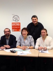 Didier Peltier, vice-président du CEVU (conseil des études et de la vie universitaire) - Catherine Bernard, vice-présidente déléguée à la formation tout au long de la vie et à la valorisation pédagogique - Laurent Bordet, relations école/entreprises - ISTIA, école d'ingénieurs - Jeffrey Debast, société 3D innov, ancien étudiant de l'ISTIA, école d'ingénieurs