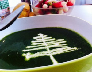 Velouté de fânes de radis et pommes de terre, crème fraiche.