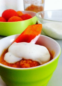 Soupe fraîche de tomates et concombre, fromage blanc vanillé