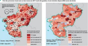 Légende carte : Angers et Le Mans sont les mauvais élèves de la région en terme d''augmentation du taux de pauvreté ces dernières années. Capture INSEE.