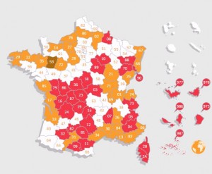 en rouge et jaune, les départements concernées par les élections sénatoriales. En blanc, ceux qui seront concernés par les prochaines élections de 2017 avec, parmi-eux, le Maine-et-Loire.